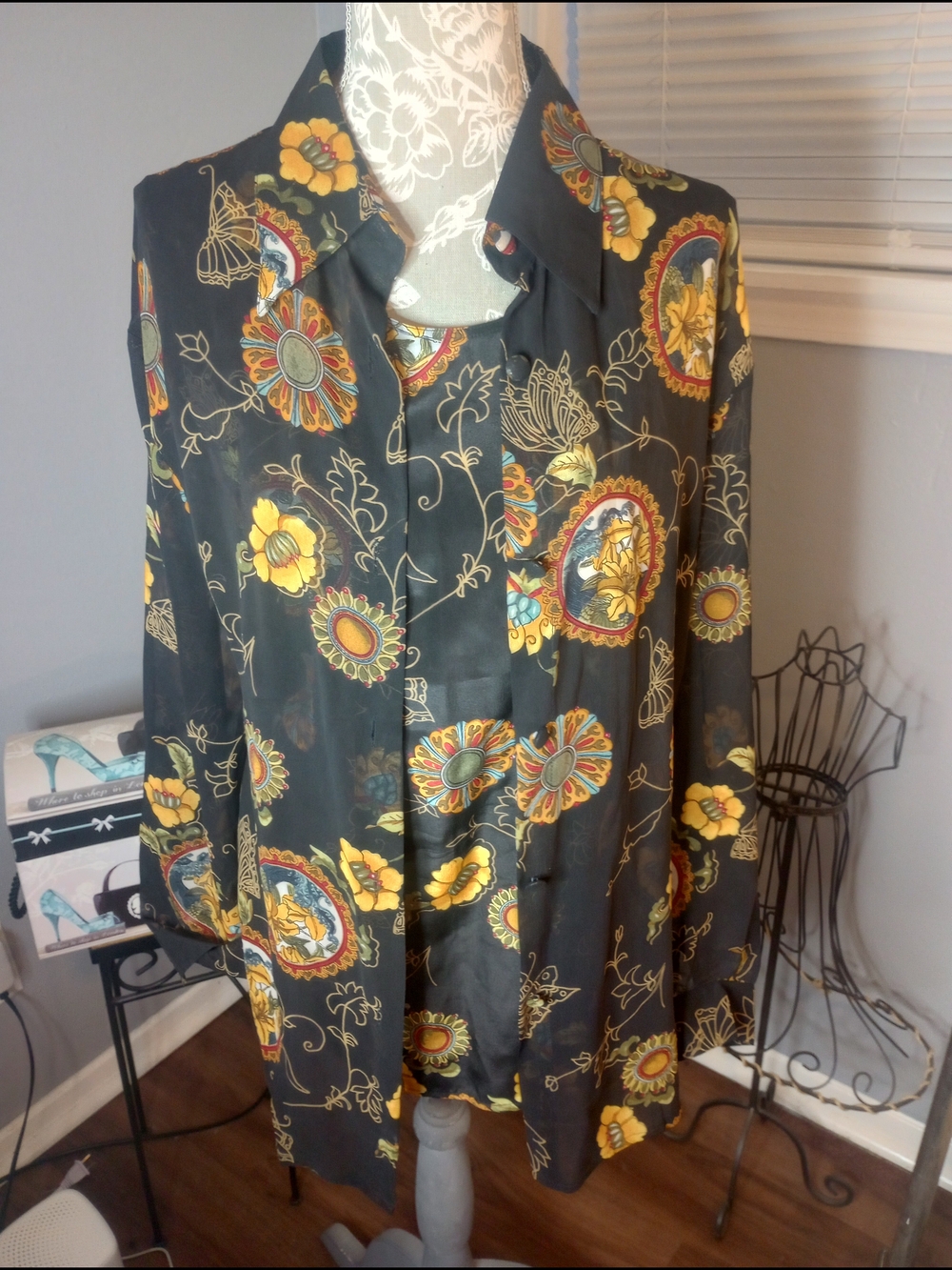 Silk Black Floral-Print Button-Down Blouse And Jacket Set with Yellow Accents